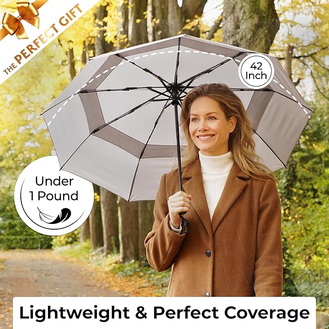 TUMELLA Strongest Windproof Travel Umbrella (Compact, Superior & Beautiful), Small, Wind-Tested, Light & Portable, Automatic Folding Rain Umbrella, Durable Premium Grip, Fits Car and Backpack