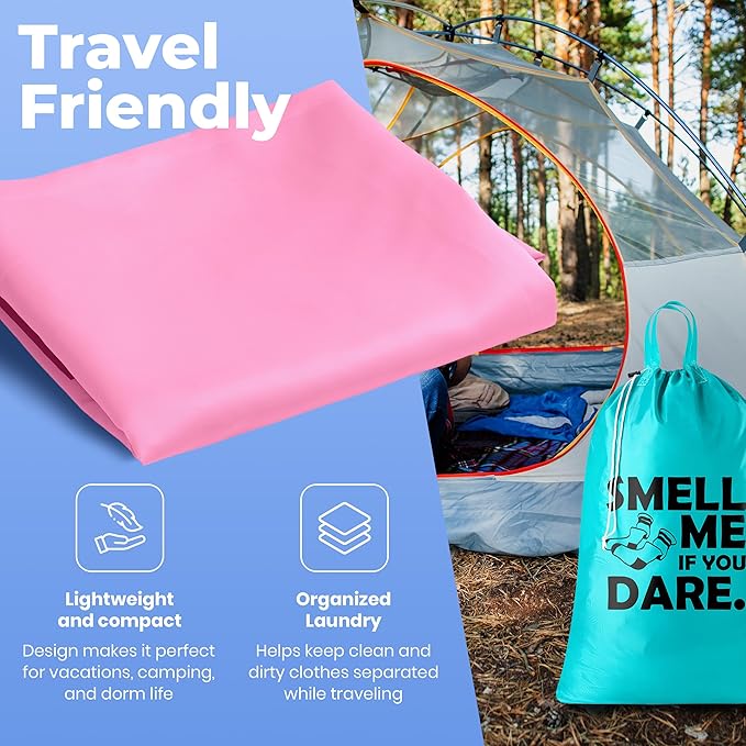 Extra Large Travel Laundry Bag - 2-Pack Fun Print Design Bags for Dirty Clothes - Durable Water-Resistant Fabric - Sturdy Drawstring Closure (Pink-Teal | Smell Me If You Dare)
