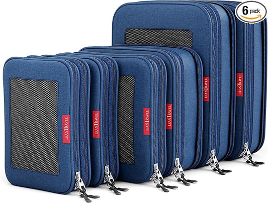 LeanTravel Premium Compression Packing Cubes for Travel - Suitcase Organizer Bags with Double Zipper & Breathable Mesh Panel - Space Saving Carry On Luggage Essentials (6-Pack, Navy Blue)