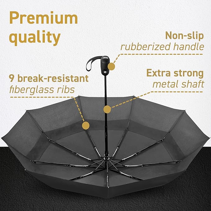 Windproof Compact Umbrella for Rain - 42” Travel Umbrella, Portable, Strong, Collapsible to 11”, Automatic Open Close Button, Vented Double Canopy with Fiberglass/Steel Frame, Wind Resistance to 55MPH
