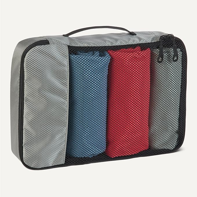 Amazon Essentials 4-Piece Packing Cubes Travel Accessories Set, Space-Saving Luggage Organizer with Double Zipper, Mesh Top Panel, Medium, Gray (Previously Amazon Basics)