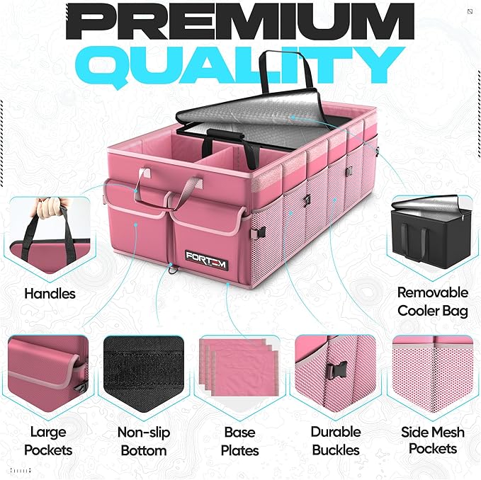 FORTEM Trunk Organizer with Cooler For SUV Car Trunk, Foldable Storage, Car Accessories for Women Men, Collapsible Bag, Perfect Christmas Gifts, 600D Oxford, Non Slip Bottom, Straps, Soft Cover (105L)
