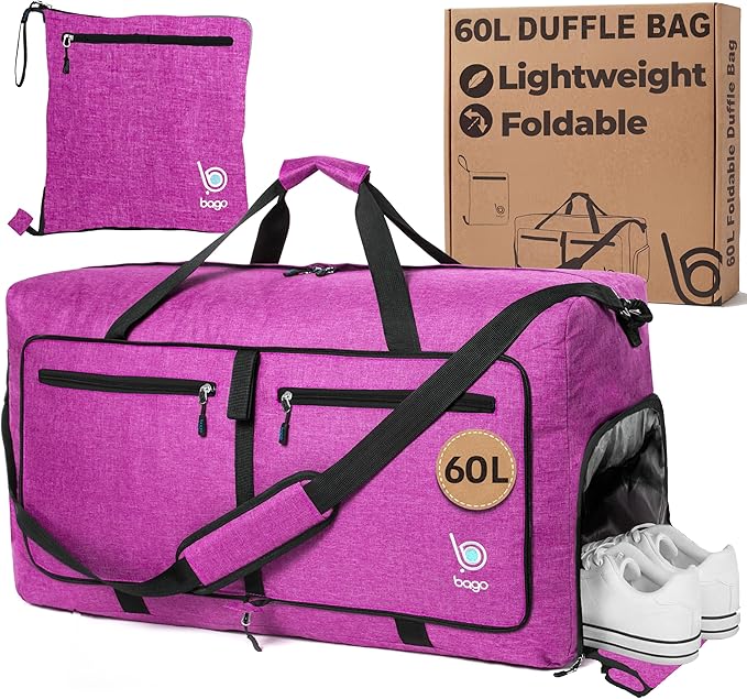 Bago Medium Duffle Bag for Travel Women & Men. Durable Lightweight Foldable Travel Duffel Bags For Traveling Women. 60L Duffle Bags For Overnight Bag With Shoe Compartment Collapsible Weekender duffel