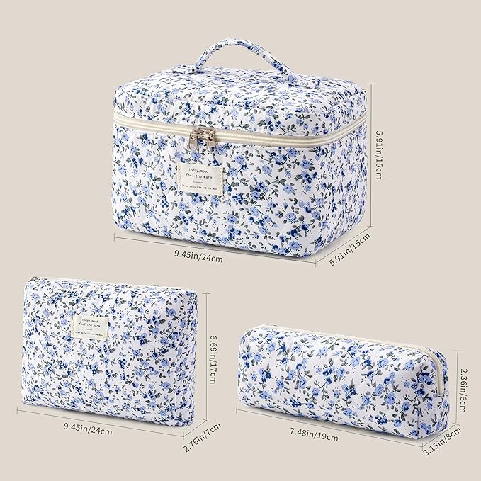 HBselect Quilted Makeup Bag, 3PCS Cotton Large Travel Makeup Bag, Cute Floral Coquette Make up Bag Cosmetic Bag Toiletry Bag for Women Girls
