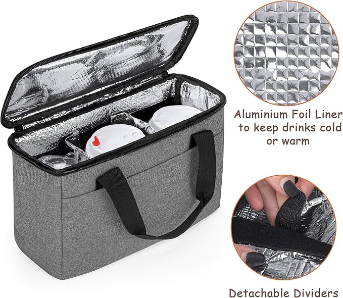 Trunab Reusable 3 Cups Drink Carrier for Delivery with Adjustable Dividers, Insulated Drink Caddy Holder Bag for Take Out, Beverages Carrier Tote with Handle for Outdoors,Patented Design, Grey