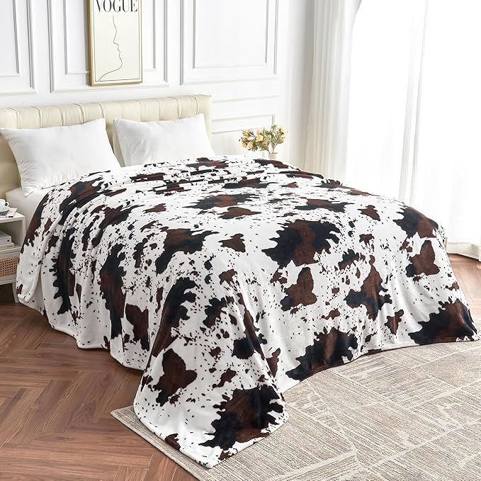 King Size Cow Blanket for Couch Bed, Soft Cozy Fleece Cow Printed Blanket for All Seasons 90"x108" (Dark Brown)