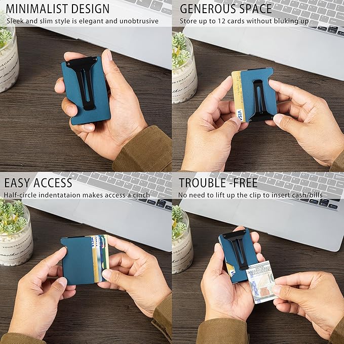 Minimalist Carbon Fiber Wallet for Men, Money Clip Cash Strap Wallet, RFID Blocking Metal Wallet Aluminum Card Holder,Front Pocket Wallet(Matte Navy)