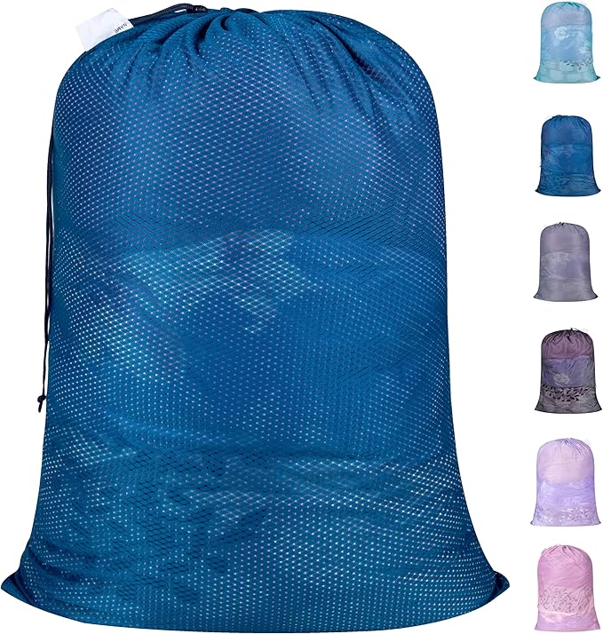 Polecasa Extra Heavy Duty Large Diamond Mesh Laundry Bags with Drawstring Closure & ID Tag, 24 x 36 inches Washable Storage Bag for College, Travel, Sports, Dorms, Blue