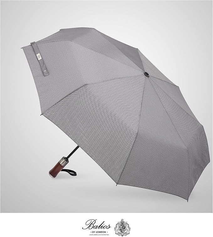 Balios (Designed in UK) Travel Umbrella Luxurious Golden Hardwood Handle Auto Open & Close Windproof Frame Single Canopy Automatic Folding Umbrella Men's & Ladies
