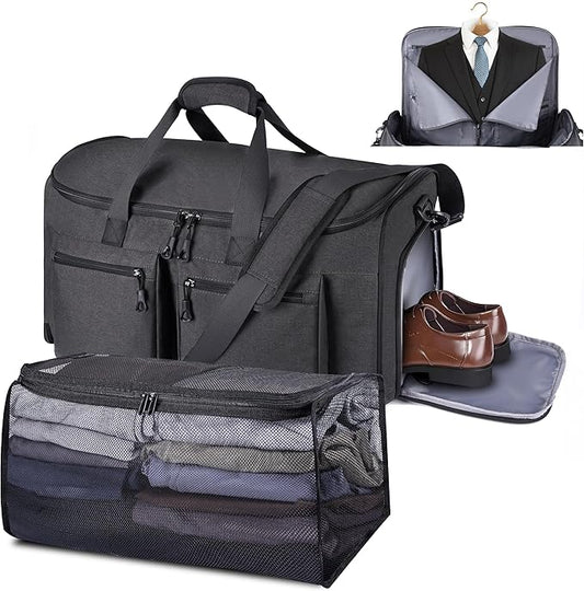 HILOMON Convertible Duffle Bags for Travel Carry On Suit Duffle Bags with Shoulder Strap 2 in 1 Hanging Garment Duffle Bag for Men Women (Black Mesh Storage)