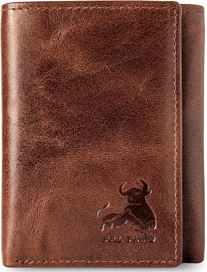 BULL GUARD Best Leather Men's RFID Trifold Wallet With ID Great Outdoor Wallet