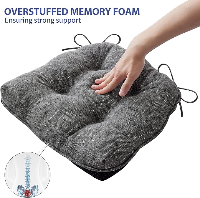 Chair Cushions for Dining Chairs Set of 2, Kitchen Chair Cushions, Chair Pads with Ties and Non Slip Backing, Tufted Memory Foam Seat Cushion 2 Pack, 15.5" x 15.5" x 4", Dark Gray