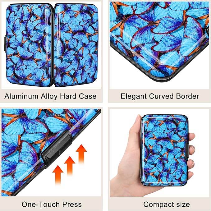 ELFISH RFID Blocking Credit Card Protector Aluminum ID Case Hard Shell Business Card Holders Metal Wallet for Men or Women (Blue Butterfly)
