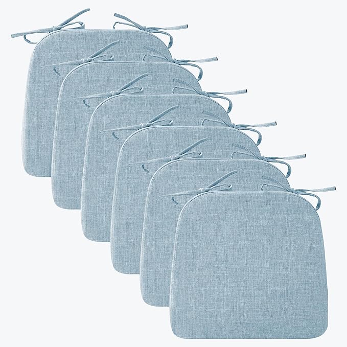 Chair Cushions for Dining Chairs, 2" Thick Seat Cushions for Kitchen Chairs, D-Shaped Chair Pads with Washable Cover, Ties and Non Slip Backing, 17'' x 16'', Set of 6, Light Blue