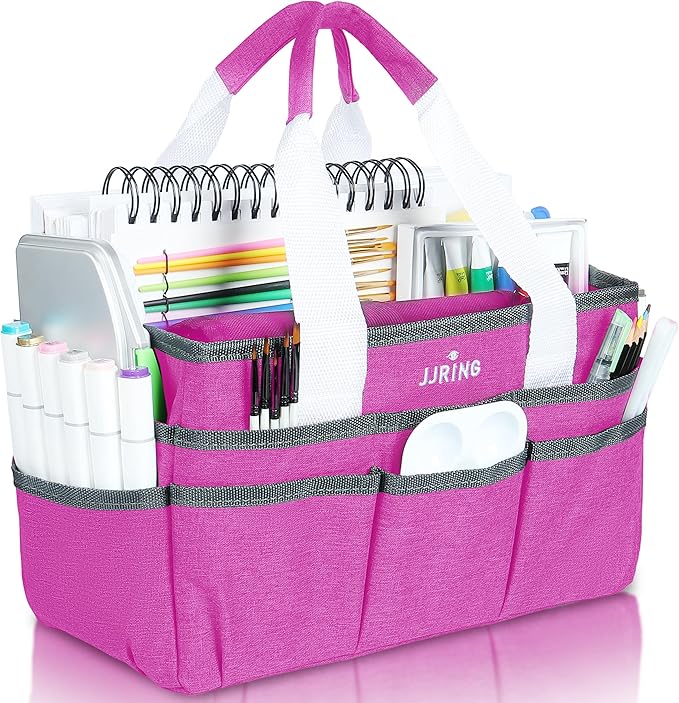 JJRING Craft Organizer Tote Bag, Art Storage Caddy with Multiple Pockets, Deep Red Sewing Bag for Art, Craft, Scrapbooking, School, Medical, and Office Supplies Storage