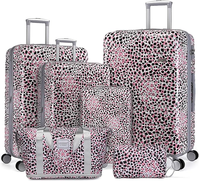 LARVENDER Luggage Sets 6 Piece, Expandable Luggage Hardside PC+ABS Leopard Suitcase Sets with Spinner Wheels TSA Lock, Lightweight Rolling Suitcase for Men and Women, Leopard Pink