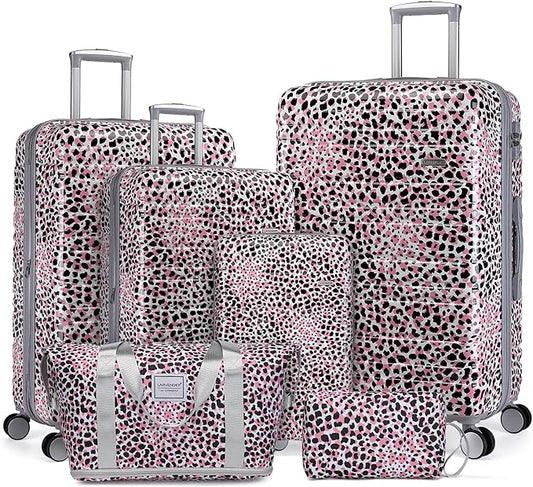LARVENDER Luggage Sets 6 Piece, Expandable Luggage Hardside PC+ABS Leopard Suitcase Sets with Spinner Wheels TSA Lock, Lightweight Rolling Suitcase for Men and Women, Leopard Pink