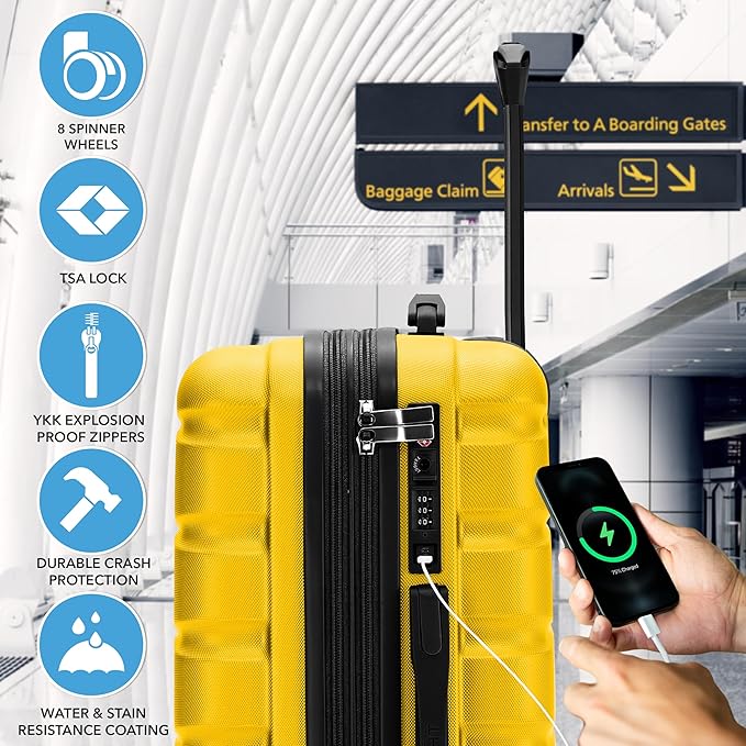 Flight Knight 22x14x9" Expandable Carry On Suitcase Hardside TSA Lock USB C Port Lightweight Luggage Silent Double Spinner Wheels Maximum Overhead Carry-On Bag For American & United Approved Airlines