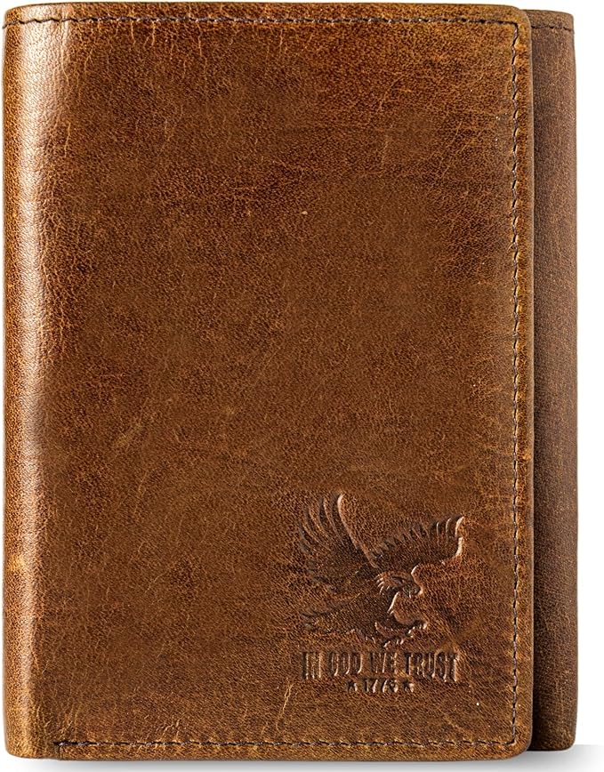 BULL GUARD Best Leather Men's RFID Trifold Wallet With ID Great Outdoor Wallet