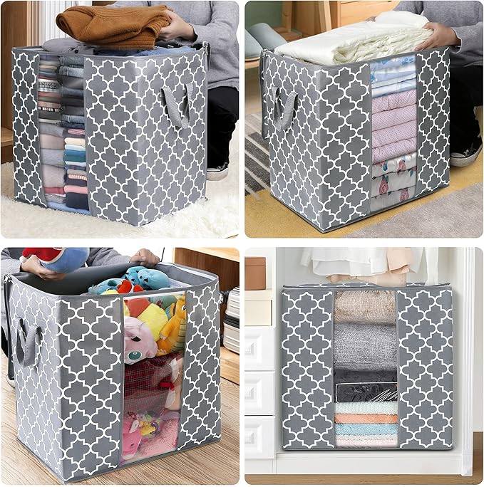 WISELIFE Storage Bags 6 Pack/100L Large Blanket Clothes Organization and Storage Containers for Comforters,Bedding, Foldable Organizer with Reinforced Handle, Clear Window, Sturdy Zippers,Light Gray