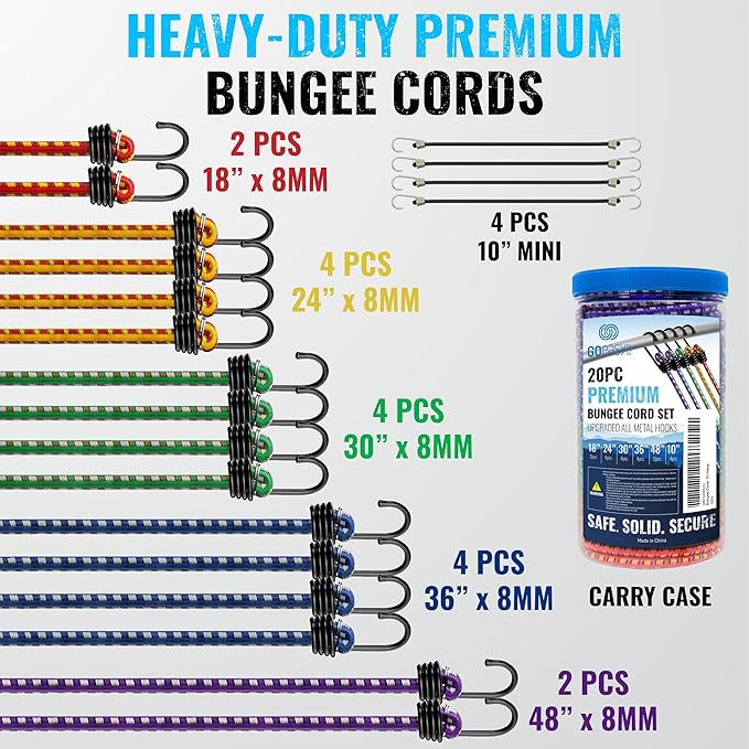 GOEASY0312 Premium Bungee Cords Heavy Duty - 20 pcs Bungee Cords with Hooks in A Storage Jar Includes 10", 18", 24", 30", 36", 48" Bungie Cord Bundle