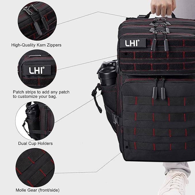 LHI Military Tactical Backpack for Men and Women 45L Army 3 Days Assault Pack Bag Large Rucksack with Shoe Compartment - Black red line