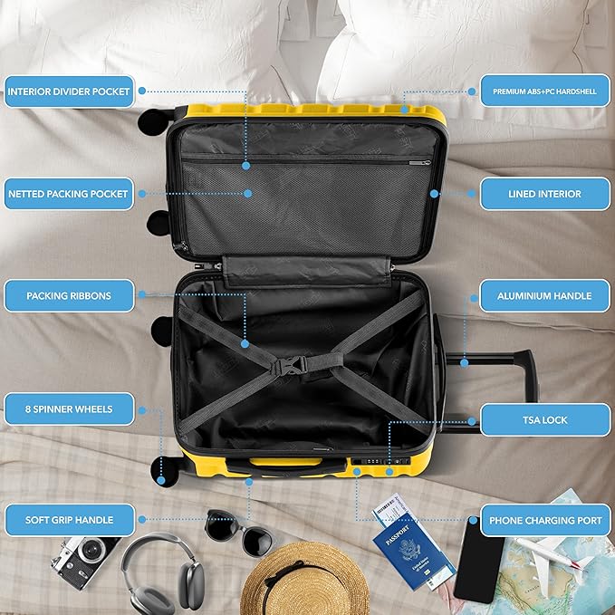 Flight Knight 22x14x9" Expandable Carry On Suitcase Hardside TSA Lock USB C Port Lightweight Luggage Silent Double Spinner Wheels Maximum Overhead Carry-On Bag For American & United Approved Airlines