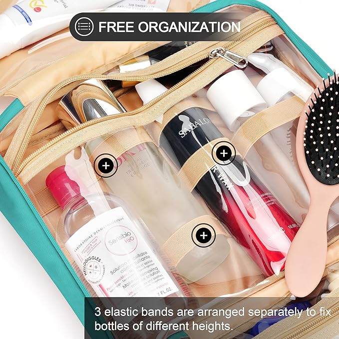 Travel Hanging Toiletry Bag for Women, Large Makeup Bag 8 Leak Proofing Silicone Bottle Covers, Waterproof Cosmetic Bag with Jewelry Organizer Compartment, Toiletries Kit Set, Blue