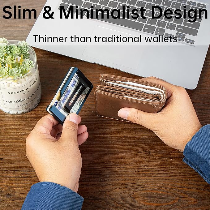 Carbon Fiber Minimalist Wallet for Men Credit Card Holder Money Clip & Cash Strap Slim RFID Mens Wallets(Matte Navy)