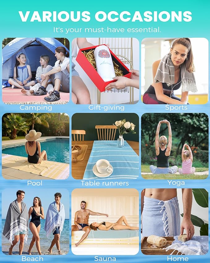 2 Packs Turkish Beach Towels Quick Dry Sand Free Soft Absorbent Extra Large Xl Big Blanket Adult Oversized Bath Towel Lightweight Thin Sandless Fast Drying Compact No Sand Packable Vacation Essentials