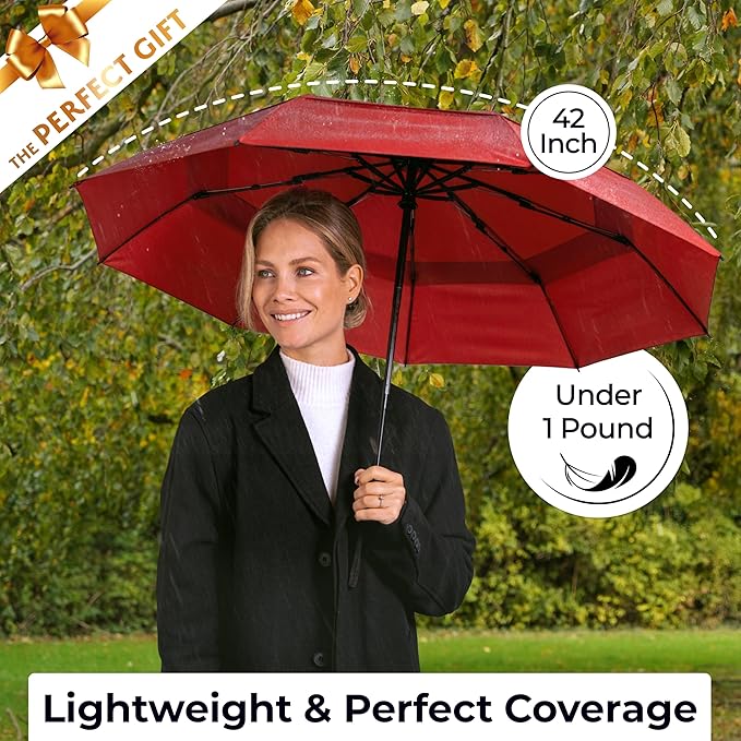 TUMELLA Strongest Windproof Travel Umbrella (Compact, Superior & Beautiful), Small, Wind-Tested, Light & Portable, Automatic Folding Rain Umbrella, Durable Premium Grip, Fits Car and Backpack
