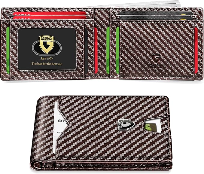 GSOIAX Slim Wallet for Men Rfid Blocking Leather Bifold Front Pocket Carbon Fiber Credit Card Holder Novelty Wallets With Gift Box (Carbon Coffee)