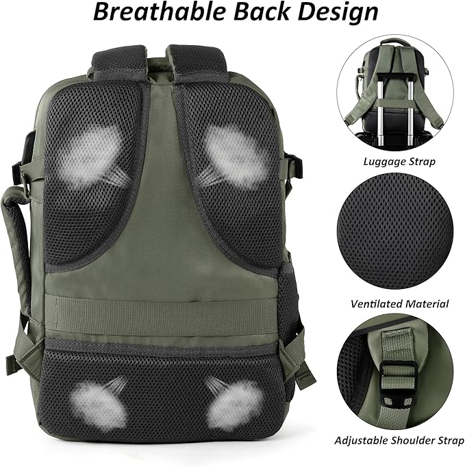TANTOMI Travel Backpack for Women Men, 15.6 Inch Laptop Backpack Flight Approved, Small Carry-On Bags with USB Charging Port & Shoe Pouch, Casual Daypack on Airplane for Weekender Work Business, Green