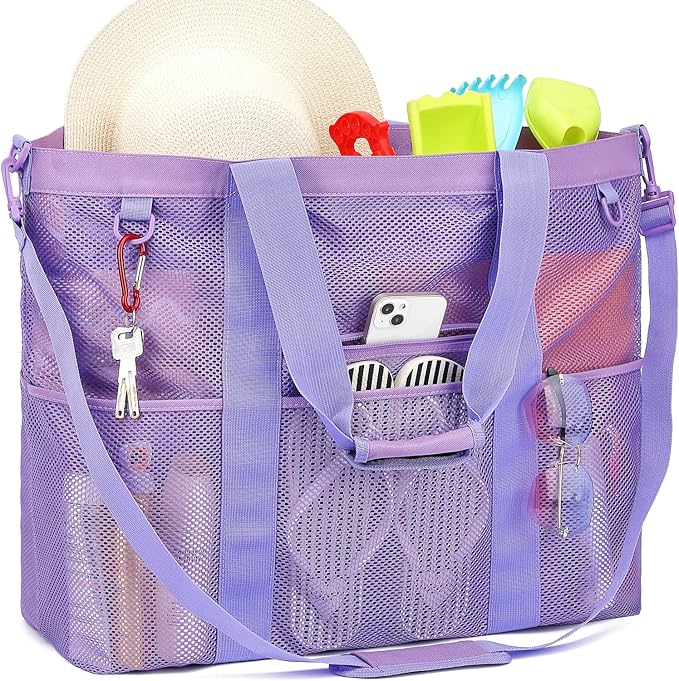 Fammart Mesh Beach Bag, Large Beach Tote with Zipper Pocket, Toys Pool Bag for Family Travel Vacation Cruise Essentials
