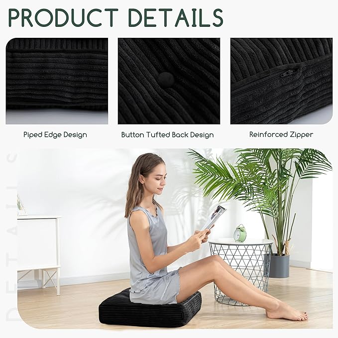 HIGOGOGO Tufted Corduroy Recliner Seat Cushion for Elderly, High Density Foam Large Square Seat Cushion for Recliner Chair, Floor Pillow, Office Chair, Car, No Pressure on Thighs, 20x20x4
