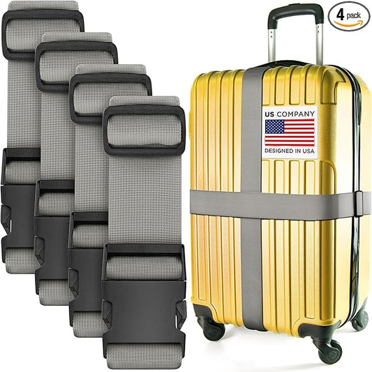 Luggage Straps for Suitcases - TSA Approved - Silver, 4 PK - Premium Nylon Belts for Suitcase, Briefcase & Travel Bag - Adjustable Strap Length 46" - 78"