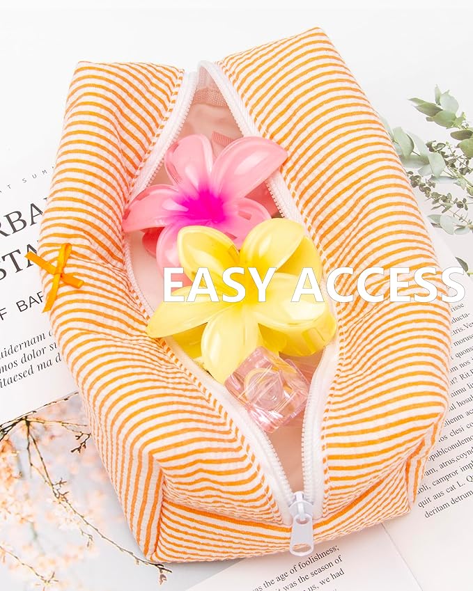 PAZIMIIK 6PCS Cozy Makeup Bag Small Aesthetic Travel Zipper Cosmetic Pouch for Women Make Up Beauty Accessories Brushes, Stripe Orange
