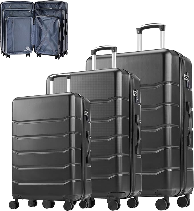 Simple Deluxe 3-Piece Luggage Sets, Suitcase with Double Spinner Wheels & TSA Lock, Hard Shell Suitcase, Expandable Rolling Lightweight Luggage, Black