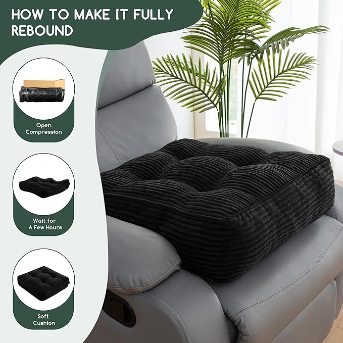 HIGOGOGO Tufted Corduroy Recliner Seat Cushion for Elderly, 20x20x6 Inch Extra Large Square Seat Cushion for Recliner Chair, Floor Pillow, Office Chair, Car, No Pressure on Thighs, Black
