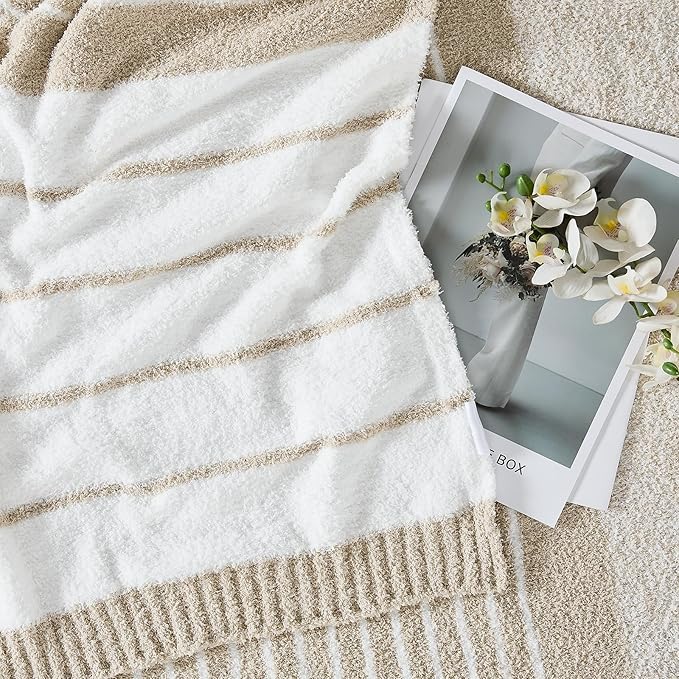 Throw Blanket, Taupe White Soft Cozy Fluffy Striped Throw Blankets for Couch, Sofa, Bed, Chair, Warm Fuzzy Plush Lightweight Decorative Stripe Blanket, 50x60 inches