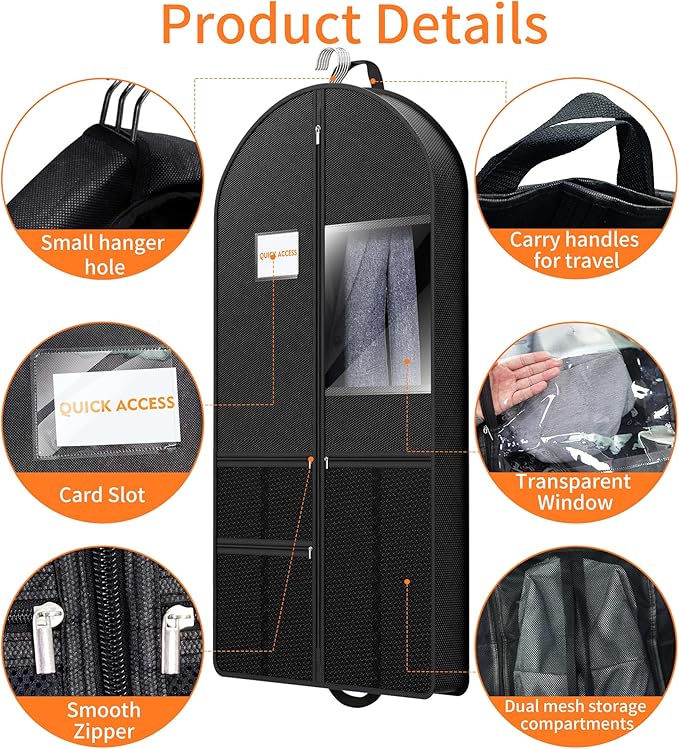 Suit Garment Clothes Travel Bag: 54 inch Lightweight Foldable Black Short Fabric Breathable - Hanging Storage Cover Pockets Zipper for Men - Wardrobe Carry Coat Jacket Uniform Tuxedo Shirt