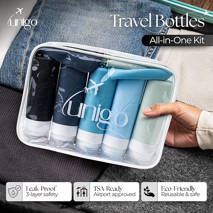 unigo Silicone Travel Bottles Set for Toiletries, Airplane Approved TSA Carry On Size, BPA Free Leakproof Refillable Squeeze Containers with Labels, Cleaning Brush and Covers (Blue)