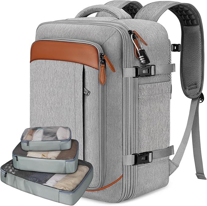 Vancropak Carry on Backpack, Flight Approved 18x14x8 Travel Backpack with 3 Packing Cubes, Expandable Large 40L Travel Bag fits 17.3" Laptop, Anti Theft Luggage Suitcase Weekend for Women Men, Grey