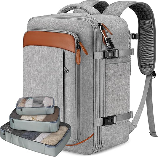 Vancropak Carry on Backpack, Flight Approved 18x14x8 Travel Backpack with 3 Packing Cubes, Expandable Large 40L Travel Bag fits 17.3" Laptop, Anti Theft Luggage Suitcase Weekend for Women Men, Grey