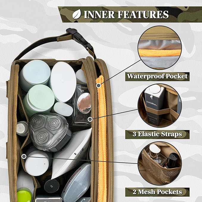 PAVILIA Extra Large Tactical Toiletry Bag for Men, Travel Hygiene Bag, Military Gear Dopp Kit, Molle Accessories Pouch, Shaving Grooming Essentials Gym Bathroom Shower Toiletries Tool EDC, Tan XL