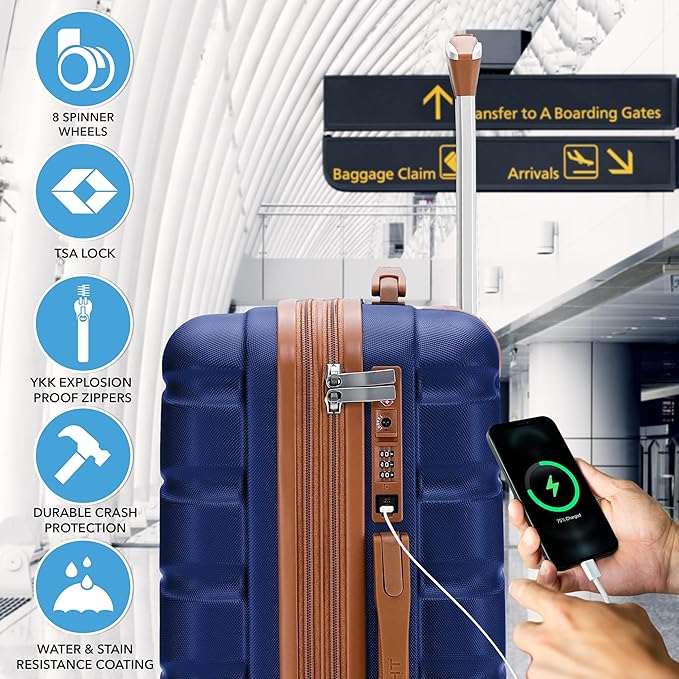 Flight Knight 22x14x9" Expandable Carry On Suitcase Hardside TSA Lock USB C Port Lightweight Luggage Silent Double Spinner Wheels Maximum Overhead Carry-On Bag For American & United Approved Airlines