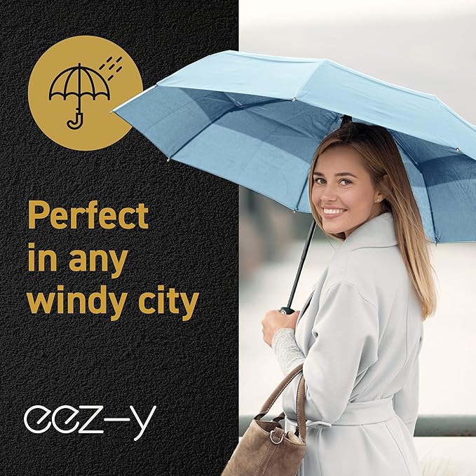 Windproof Compact Umbrella for Rain - 42” Travel Umbrella, Portable, Strong, Collapsible to 11”, Automatic Open Close Button, Vented Double Canopy with Fiberglass/Steel Frame, Wind Resistance to 55MPH