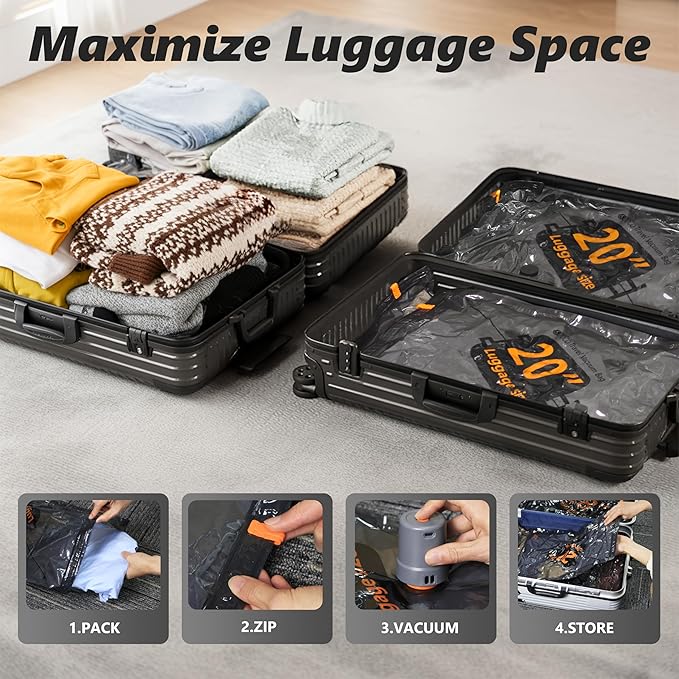 Travel Vacuum Bags with Cordless Electric Pump, 24 Combo Compression Packing Cubes for Clothing Clothes, Luggage Suitcase Organizer, Space Saver Vacation Cruise Travel Essentials