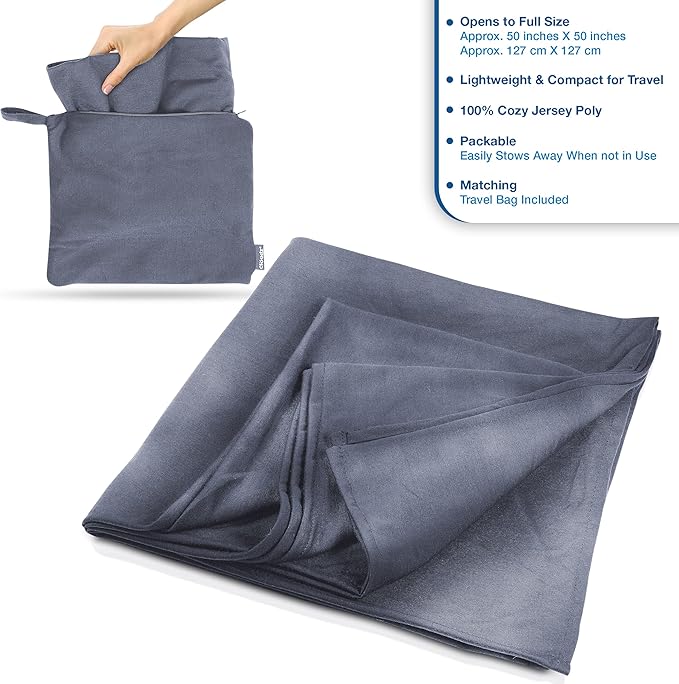 Cloudz Super Soft Jersey Airplane Travel Blanket for Your Flight, Car, Camping, Home or Comforting Warmth Anywhere! Large in Size at 50"x 50" and Includes a Bag! - Heather Grey