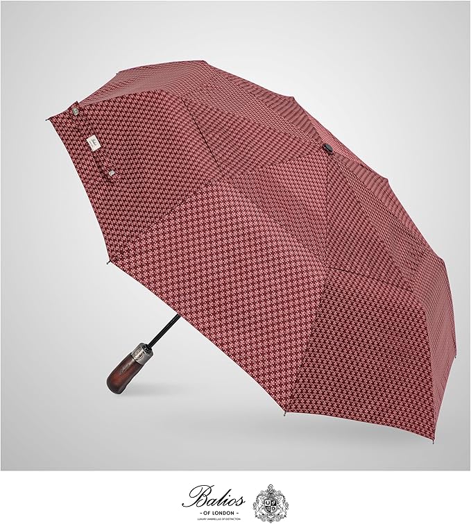 Balios Travel Folding Umbrella with Real Wood Handle Auto Open Close Vented Windproof Canopy - Designed in UK